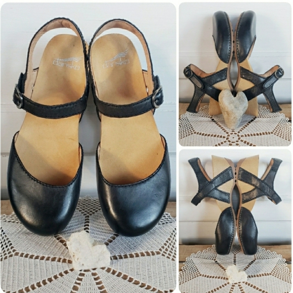 Black Dansko Tiffani Strappy Clog Sandal MaryJane Burnished Straps Buckles 37 39 - Picture 5 of 10